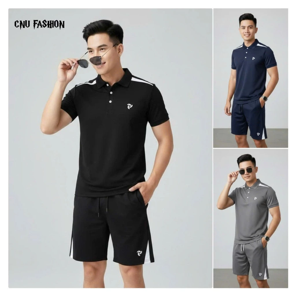 [Hàng Loại 1] Bộ quần áo nam nữ cao cấp- Phối vai logo thêu- Chất liệu poly cá sấu co giãn mát mẻ trẻ trung