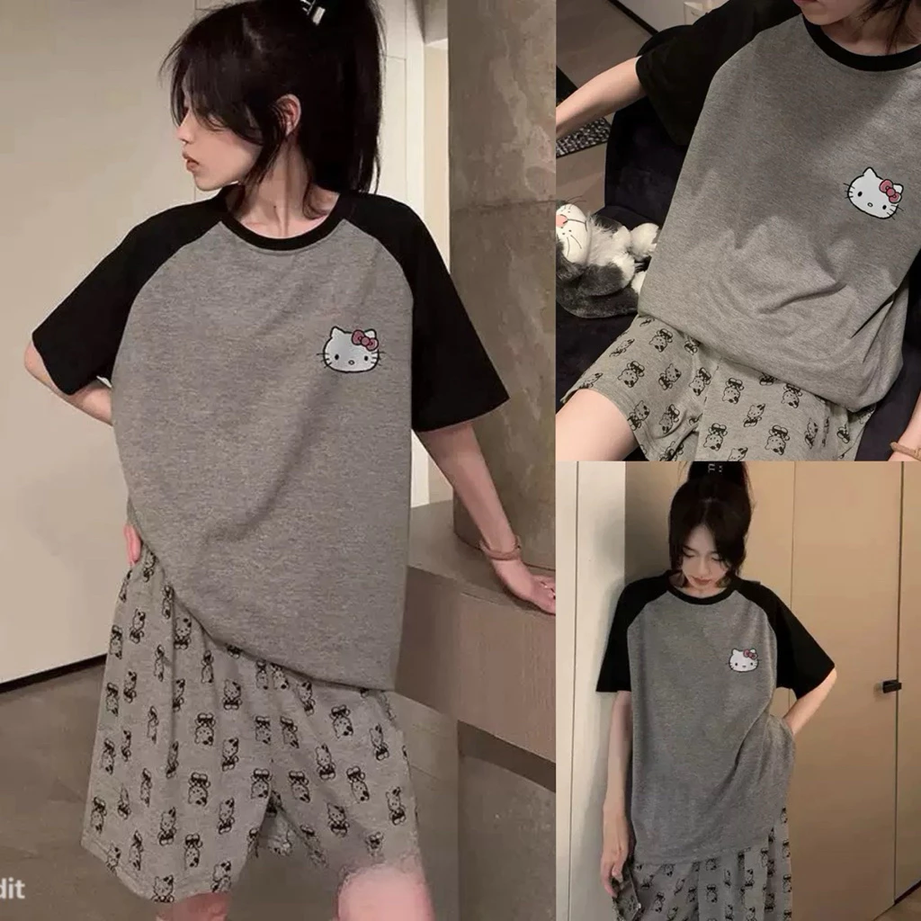 [ Deal Mở Bán ] Set Bộ Raplan Tay Đen Mèo Kitty . Bộ đồ cộc tay mùa hè form rộng dễ thương