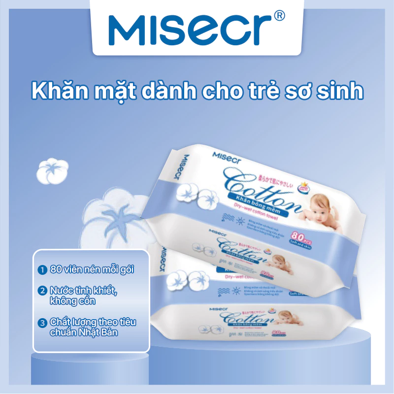 Khăn khô đa năng cao cấp Misecr ,không cồn, không mùi mềm mịn an toàn dành cho mẹ và bé, 80 miếng/gói