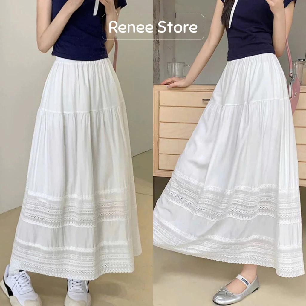 Chân váy midi gió 3 tầng họa tiết viền đuôi, váy dáng dài cạp chun Renee Store - V497