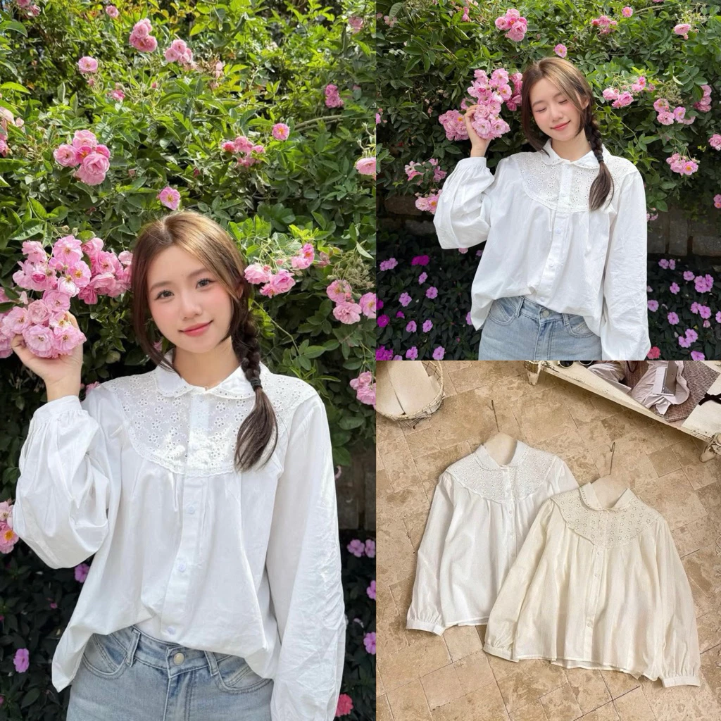(Hàng Chuẩn QC) Áo sơ mi thô mềm cổ sen viền ren phối thêu hoa đục lỗ 2 màu Vintage - Meira Top
