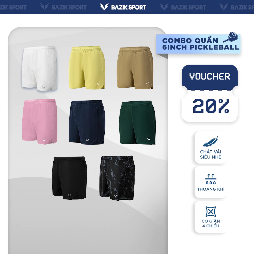 COMBO 2 Quần Short Pickleball BAZIK Wings 6 Inch Techdry Thể Thao Thoáng khí, Siêu Nhẹ Thoải mái Vận động