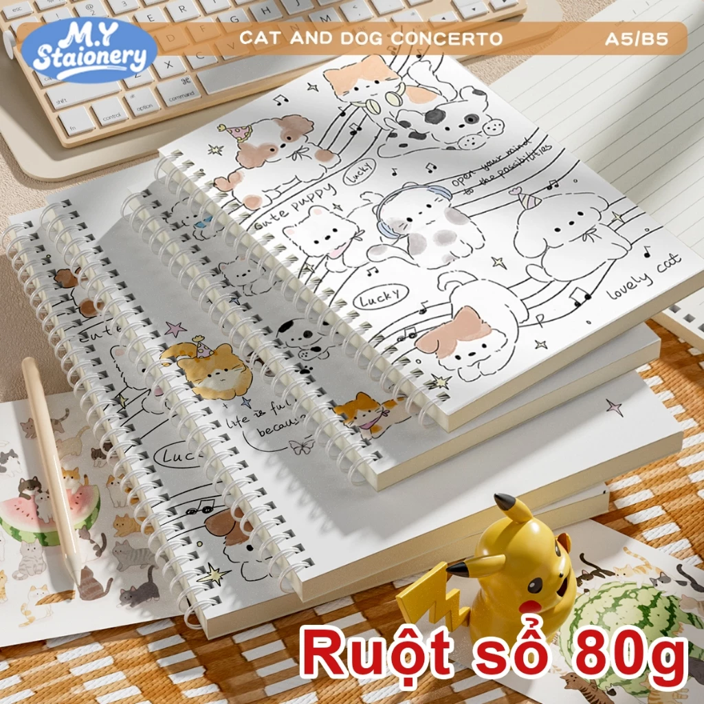 Sổ Lò Xo A5/B5 120 Trang 80gsm – Mèo & Cún, Viết Êm Tay, Sổ Ghi Chép