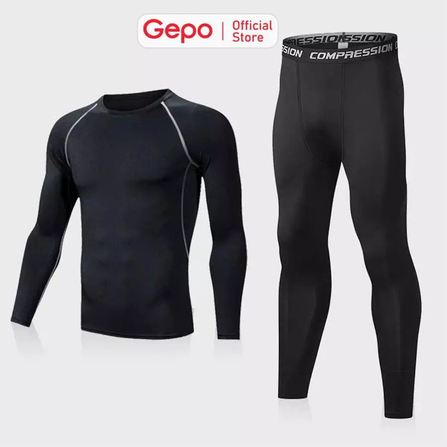 GEPO Bộ quần áo giữ nhiệt 2 in 1 nam dài tay chuyên tập gym chạy bộ đá bóng chất liệu thun co dãn