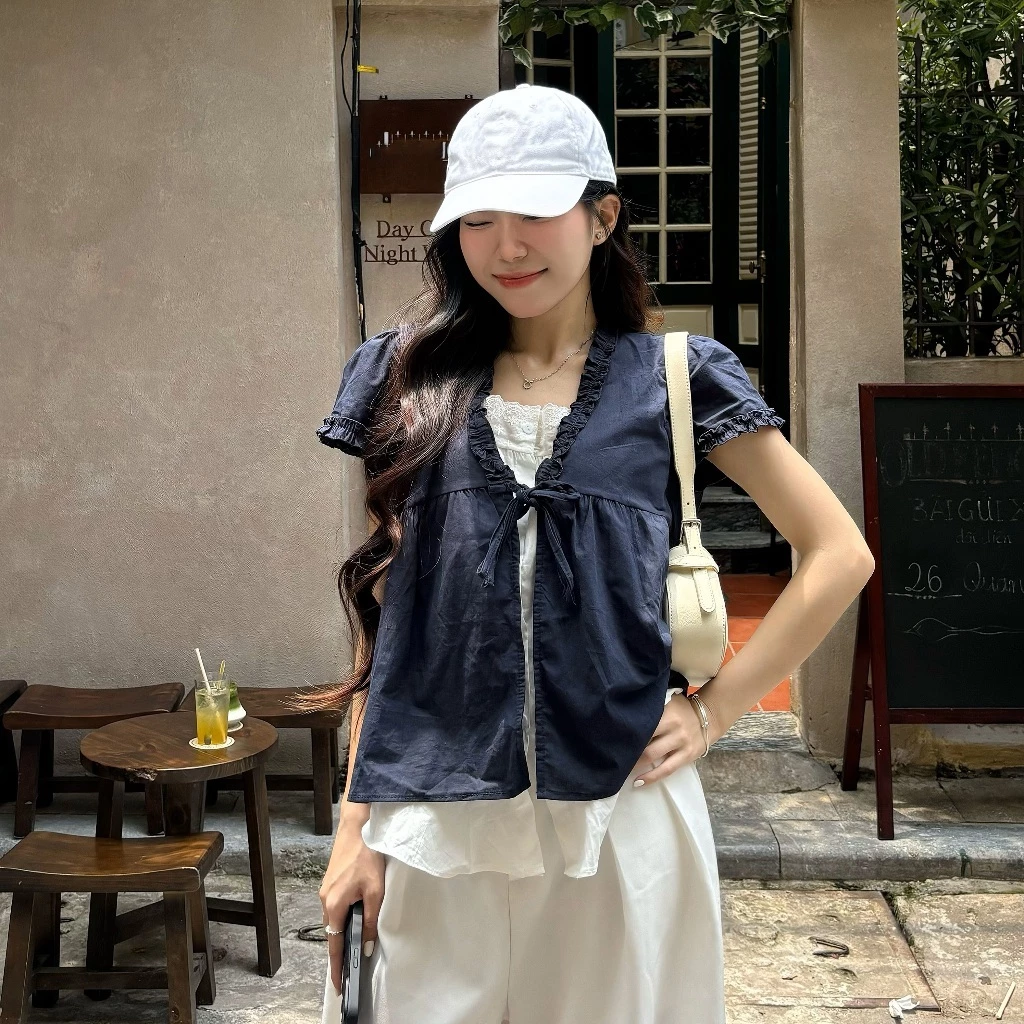 Áo Babydoll HAERIN Nữ Hàn Quốc | Áo Phối Ren 2 Lớp | Áo Khoác Mỏng Buộc Dây Vintage | Áo Tay Ngắn Dễ Thương 2027 MA848