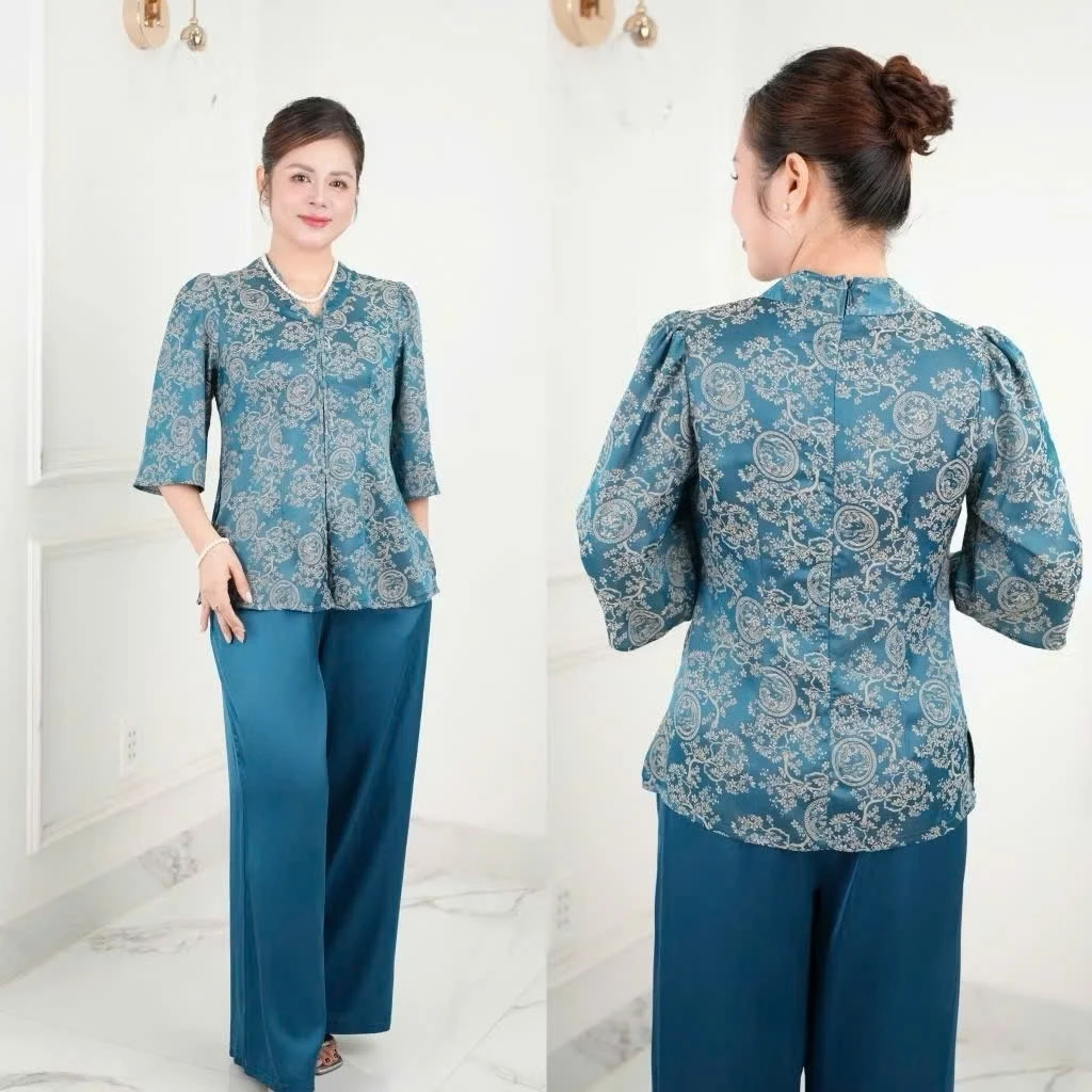 ĐỒ BỘ TRUNG NIÊN LỤA GẤM SANG TRỌNG MS75 QUẦN SUÔNG, ÁO TAY LỬNG, KIỂU DÁNG THANH LỊCH CHO MẸ