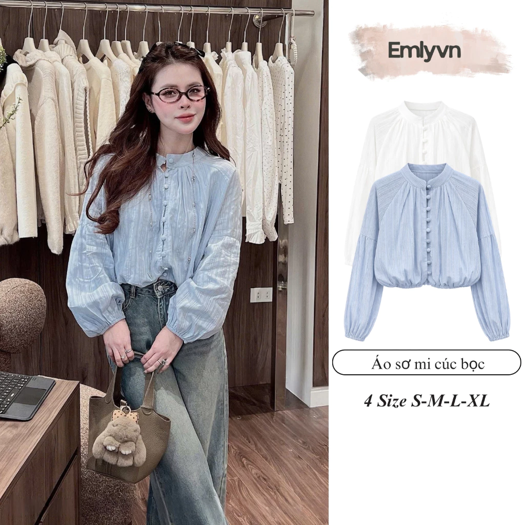 EMLY - Áo Sơ Mi Nữ Vải Đũi Cúc Bọc- Áo Kiểu Nữ Bo Chun Gấu Dài Tay Hot Trend 2026