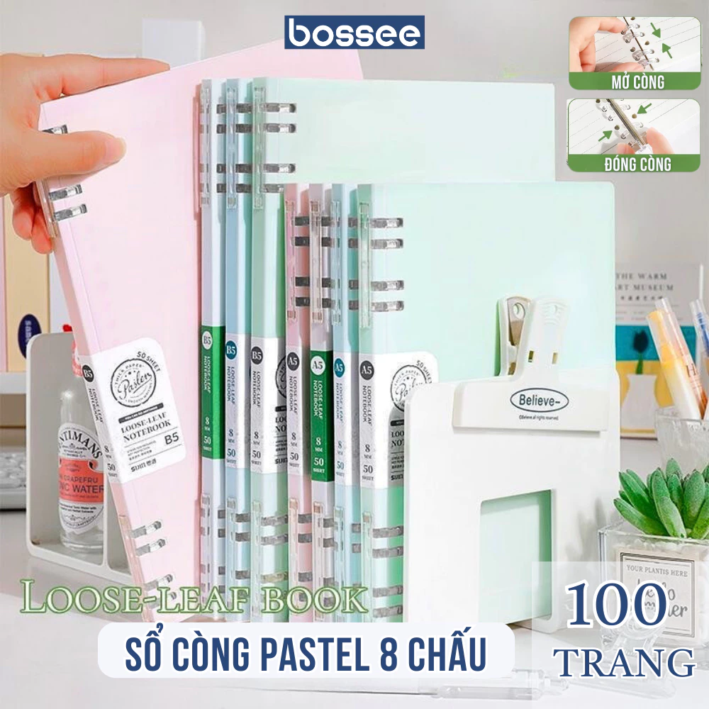 Sổ còng pastel A5 B5 mẫu mới kín gáy 100 trang giấy kẻ ngang dày dặn 100gsm binder journal thay giấy dễ dàng _ Bossee