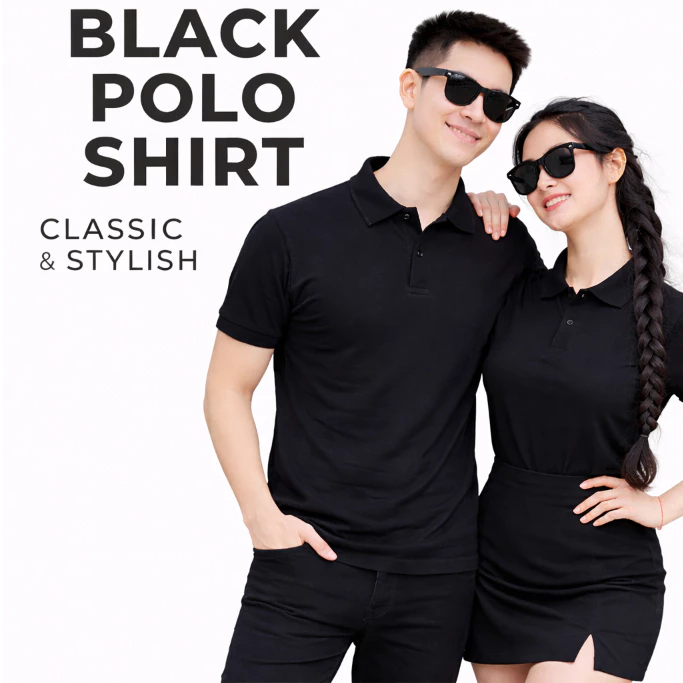 Áo Thun Có Cổ Cá Sấu THOITRANG24H Màu Đen Phom Xuông Nam Nữ May In Áo Đồng Phục