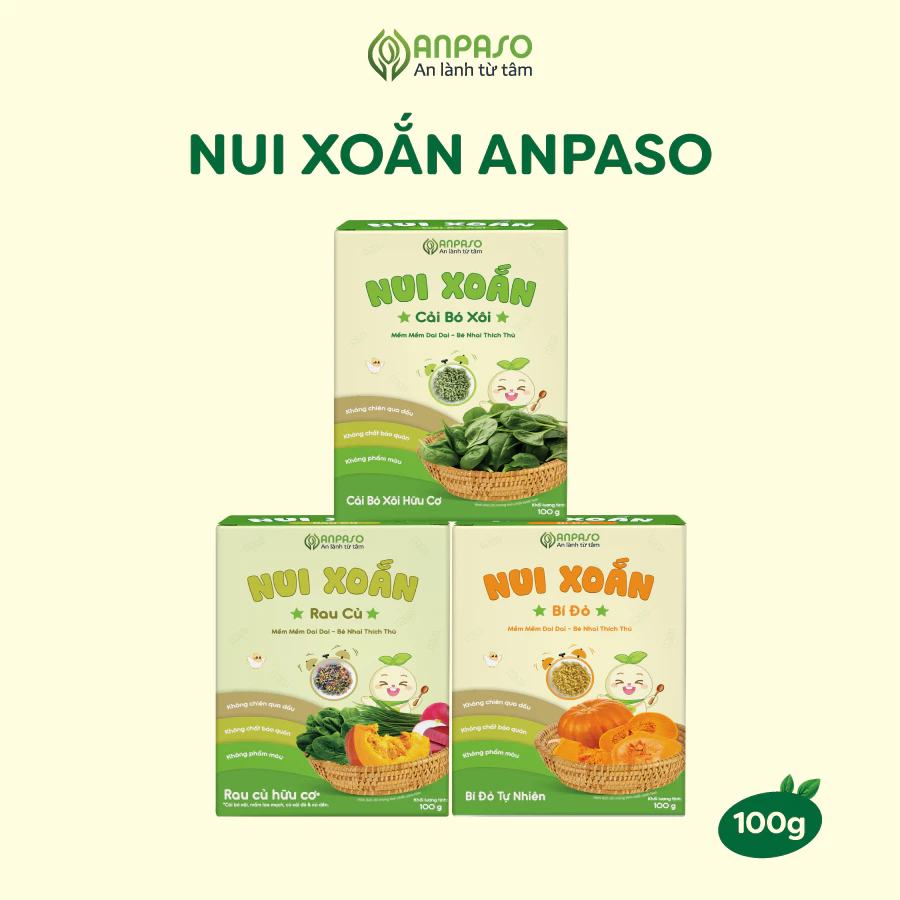 Combo 3 Nui xoắn Anpaso 100g vị Rau củ, Cải bó xôi, Bí đỏ - Đồ ăn dặm Cho Bé tập nhai