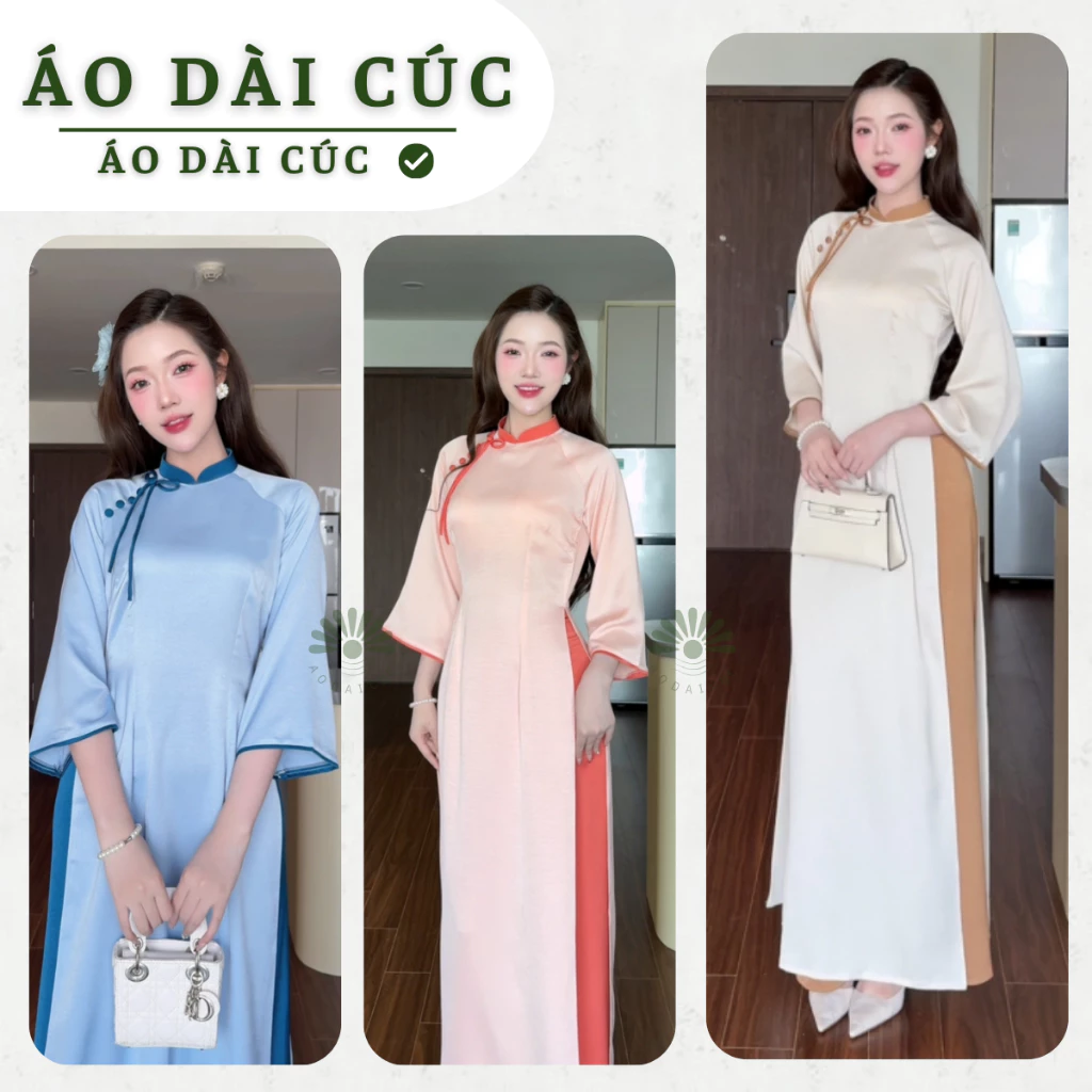 Áo dài truyền thống tây thi HẠ LAM , kiểu dáng cách điệu nơ kèm cúc bọc, tà A,cổ chữ V, tay loe các màu - Áo Dài Cúc