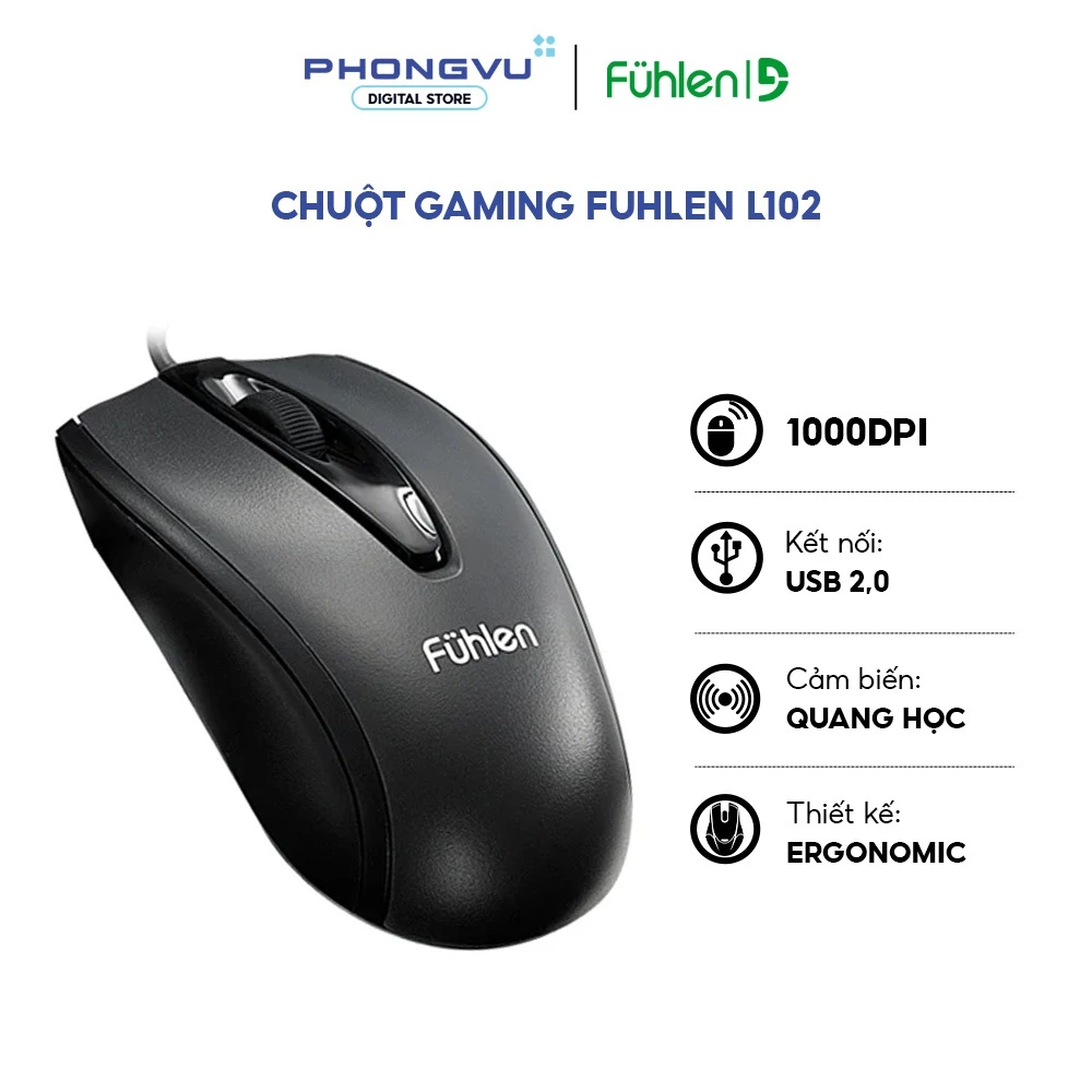 Chuột máy tính Fuhlen L102 - Có dây - Thiết kế êm tay - Bảo hành 24 tháng