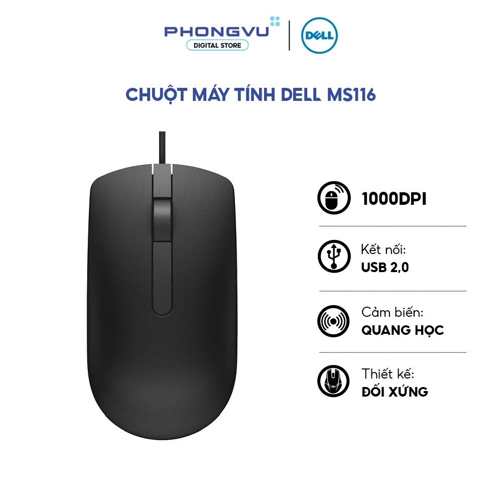 Chuột máy tính Dell MS116 (Đen) - Bảo hành 12 tháng