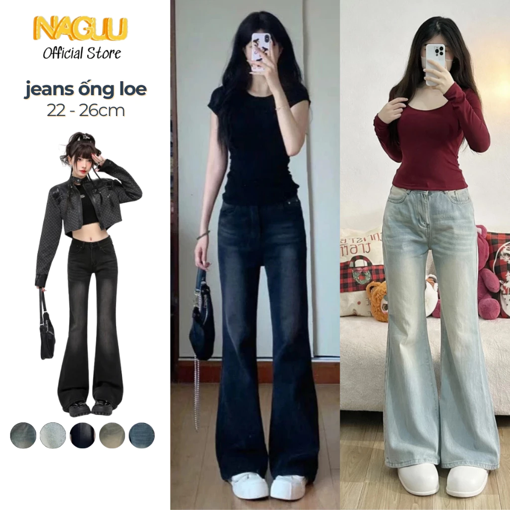 Quần Jeans Ống Loe Nữ  Cạp Cao NAGUU Dài 96- 102cm, Quần Bò Loe Ôm Eo Tôn Dáng Phong Cách Douyin Q21