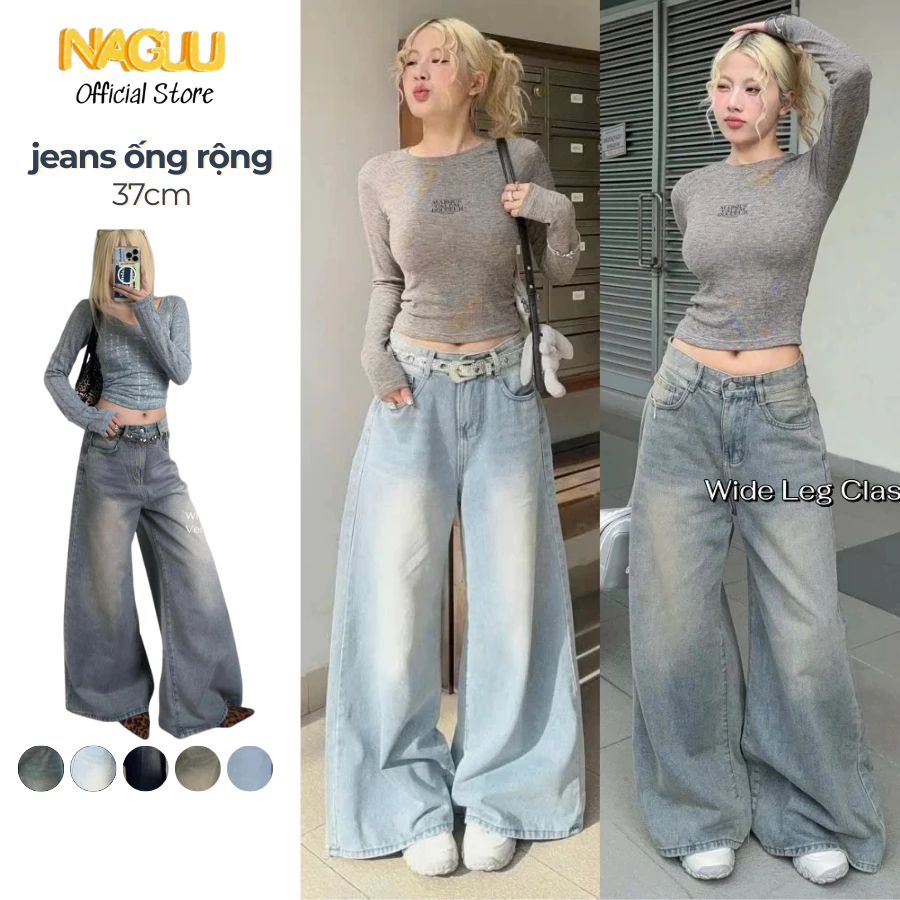 Quần Jeans Siêu Rộng Nữ Ống 37cm Cạp Cao NAGUU Phong Cách Hàn Quốc Tôn Dáng Chất Bò Mềm Denim ONG37