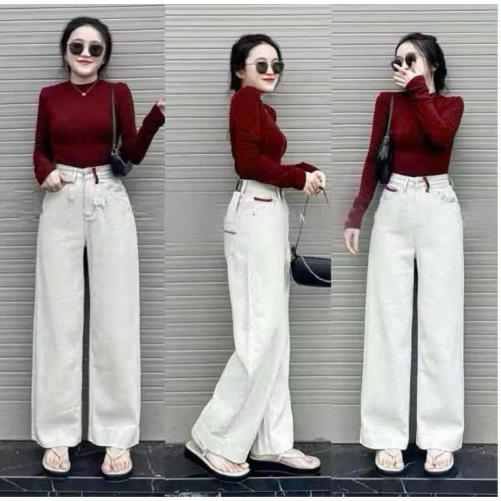 ( Ảnh thật) Quần jeans suông nữ bản cạp cao màu kem be phối đỉa đỏ hot hit siêu tôn dáng dễ mặc