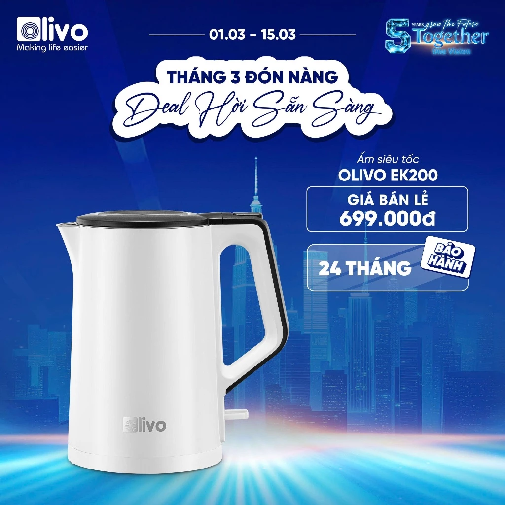[Chính hãng] Ấm Siêu Tốc OLIVO EK200 1.5L,lòng Ấm Inox 304 An Toàn,công Suất 1500W – Bảo Vệ 4 Lớp