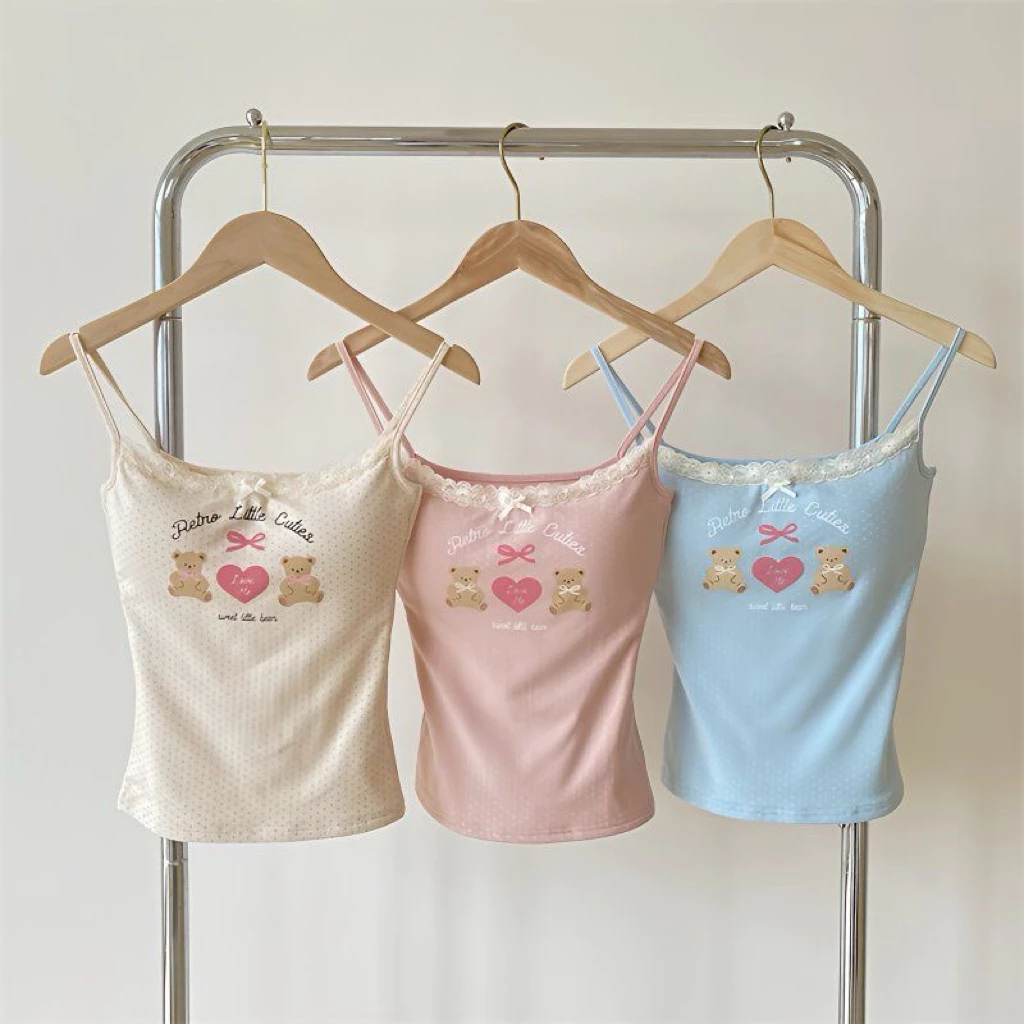 Áo 2 Dây Nữ Cotton Chấm Bi Phối Ren – Áo Hai Dây Họa Tiết Gấu Dễ Thương