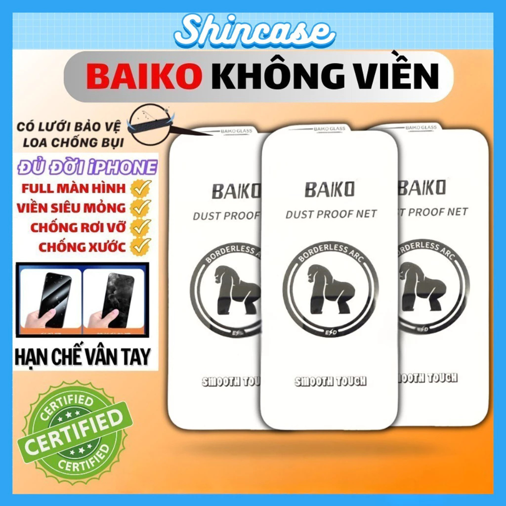 Kính Cường Lực iPhone Baikô Không Viền Cao Cấp Full Màn -iP X/XS/XR/11/12/13/14/15/16/17/Pro/Max/Air