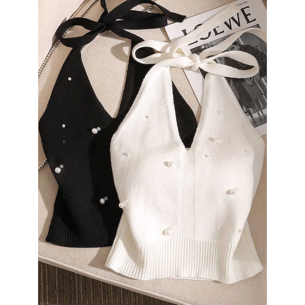 Áo yếm nữ đính hạt cổ treo hở lưng thiết kế buộc dây cá tính, áo hai dây ôm body sexy thuần ngọt mặc đi chơi party