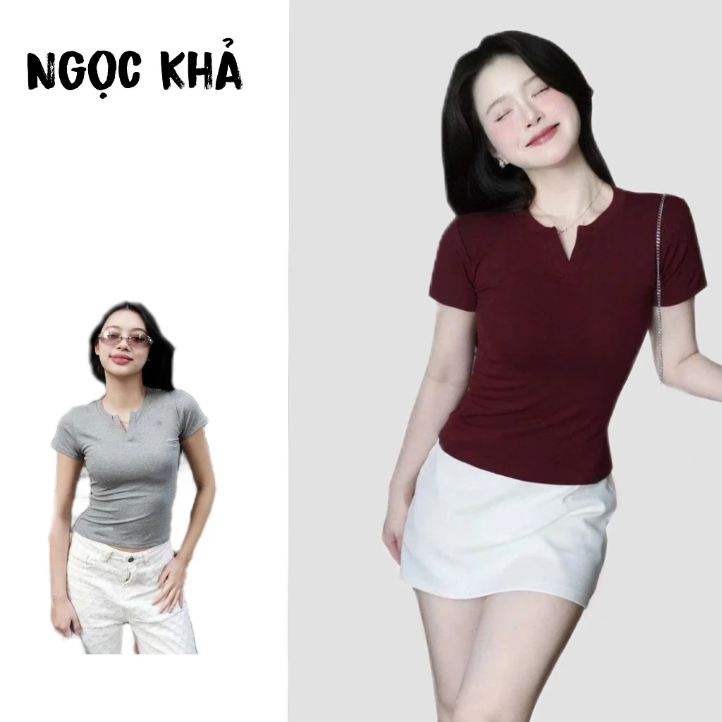 Áo Thun Nữ Ôm Body – Cổ Trụ Tàu Tay Ngắn, Cotton Mềm Mịn Co Giãn 4 Chiều, Thoáng Mát Tôn Dáng