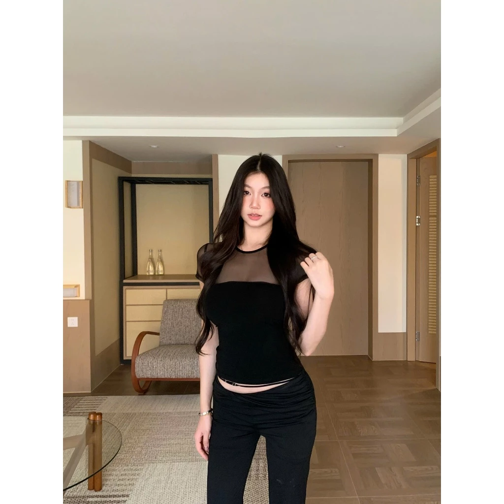 Áo thun ôm phối lưới đen Bigsize T10 - Orimi