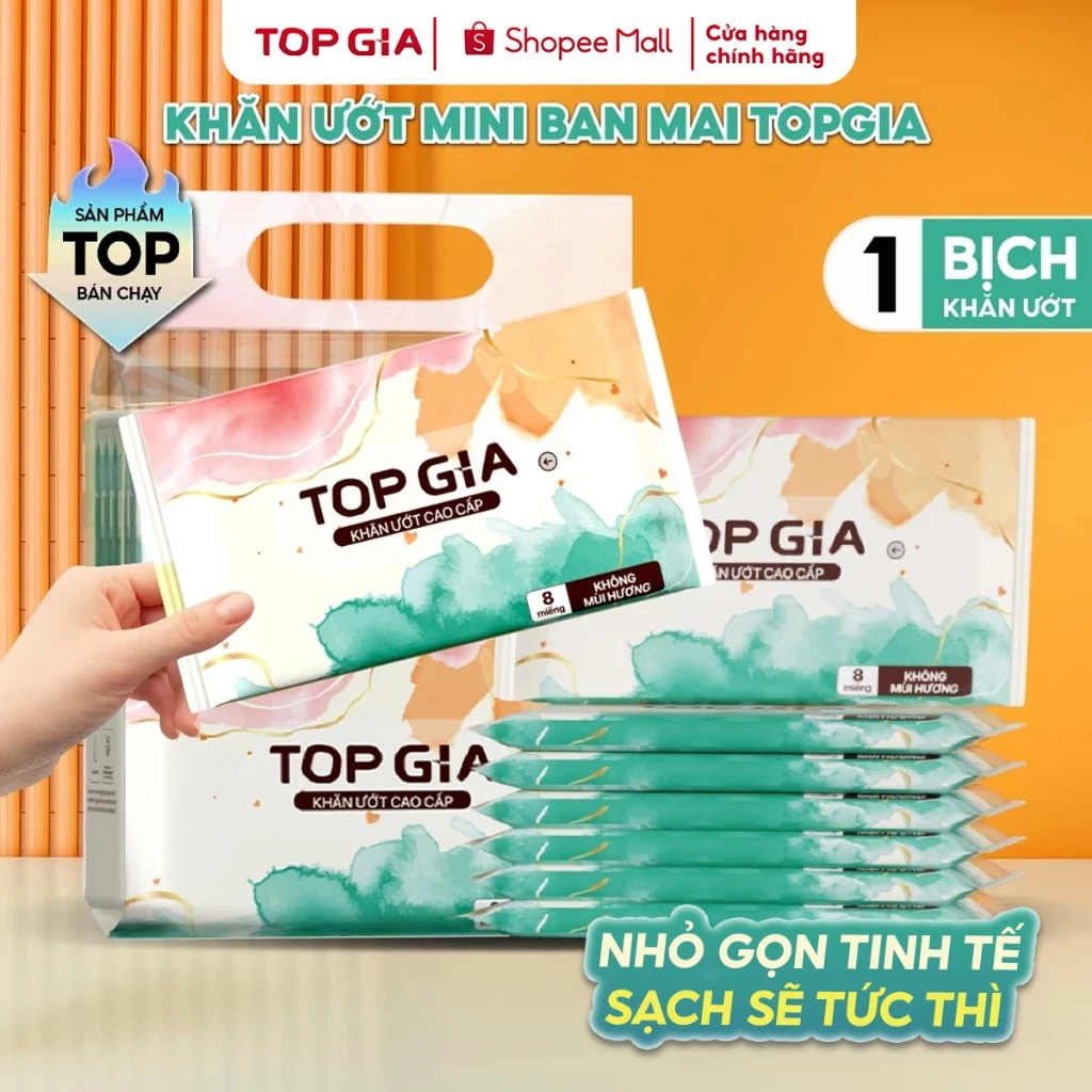 [HÀNG CAO CẤP] Khăn ướt mini TOPGIA túi 10 gói 8 tờ mềm mại, không mùi không parabens dành cho em bé