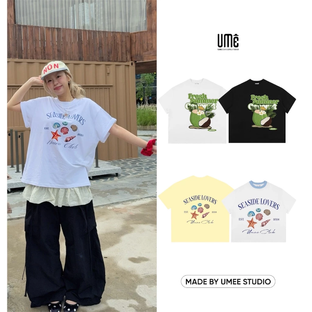 UMEESAIGON Áo Thun Big Boxy Form Rộng Tay Ngắn Cotton"Sò + Dừa + Mattcha + Cá Heo"