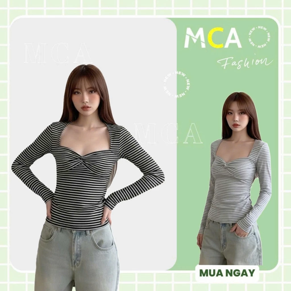 [ Video sp thực tế ] Áo Kẻ Sọc Tay Dài Cổ Vuông Dáng Ôm MCA phong cách quyến rũ A51547