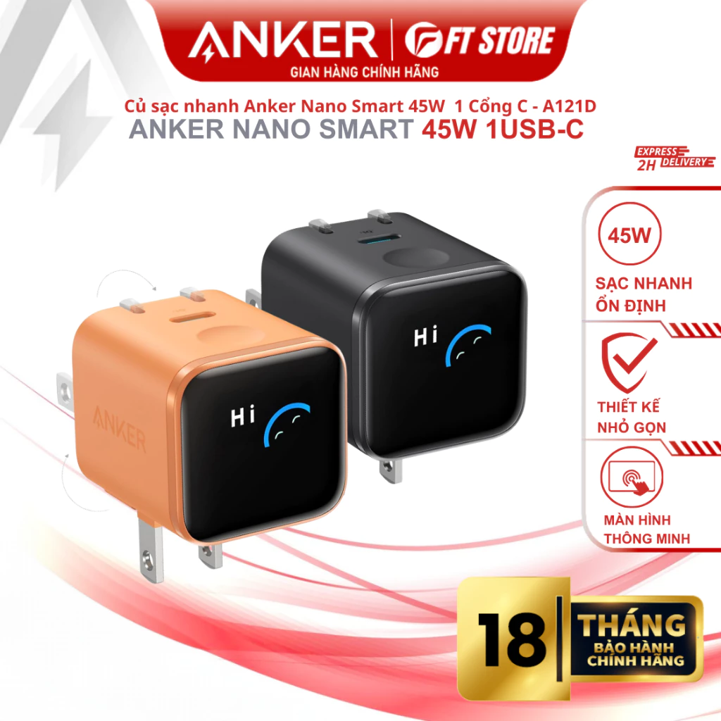 Củ sạc thông minh Anker Nano 1C 45W màn hình hiển thị công suất, nhận diện sạc, chân gấp gọn - A121D