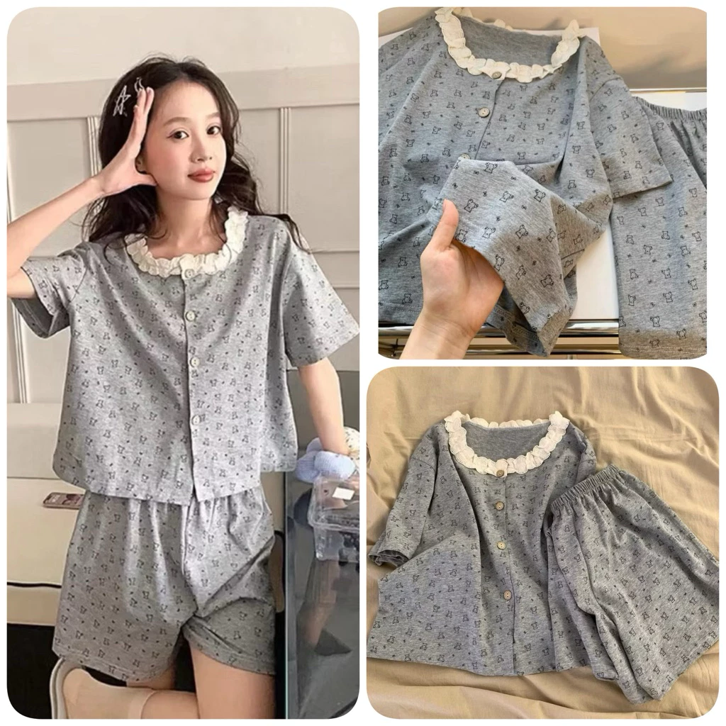 Bộ Đồ Ngủ Nữ Cộc Tay Hoạ Tiết Gấu Nhí  Cổ Viền Ren . Đồ Mặc Nhà Mùa Dễ Thương
