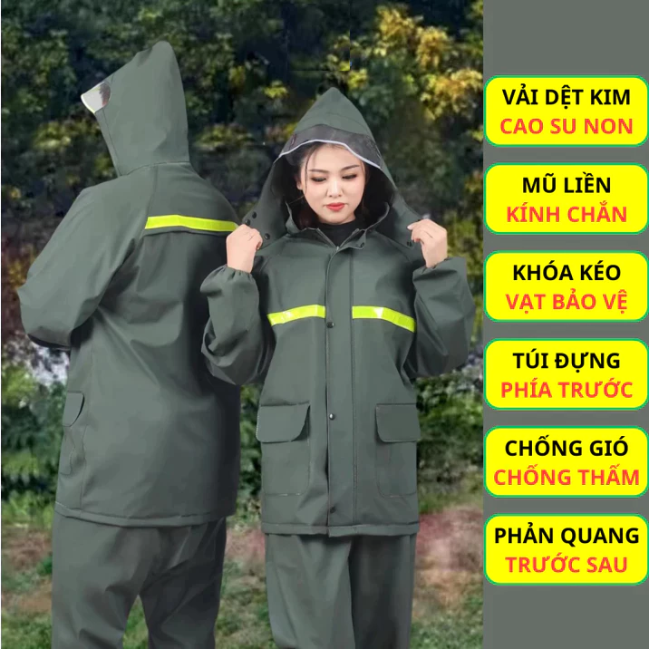Áo Mưa Dài Nam Nữ Chất Liệu PVC Cao Cấp Dai Bền Siêu Chống Nước Phản Quang An Toàn Đi Làm Đi Xe Máy Đi Học