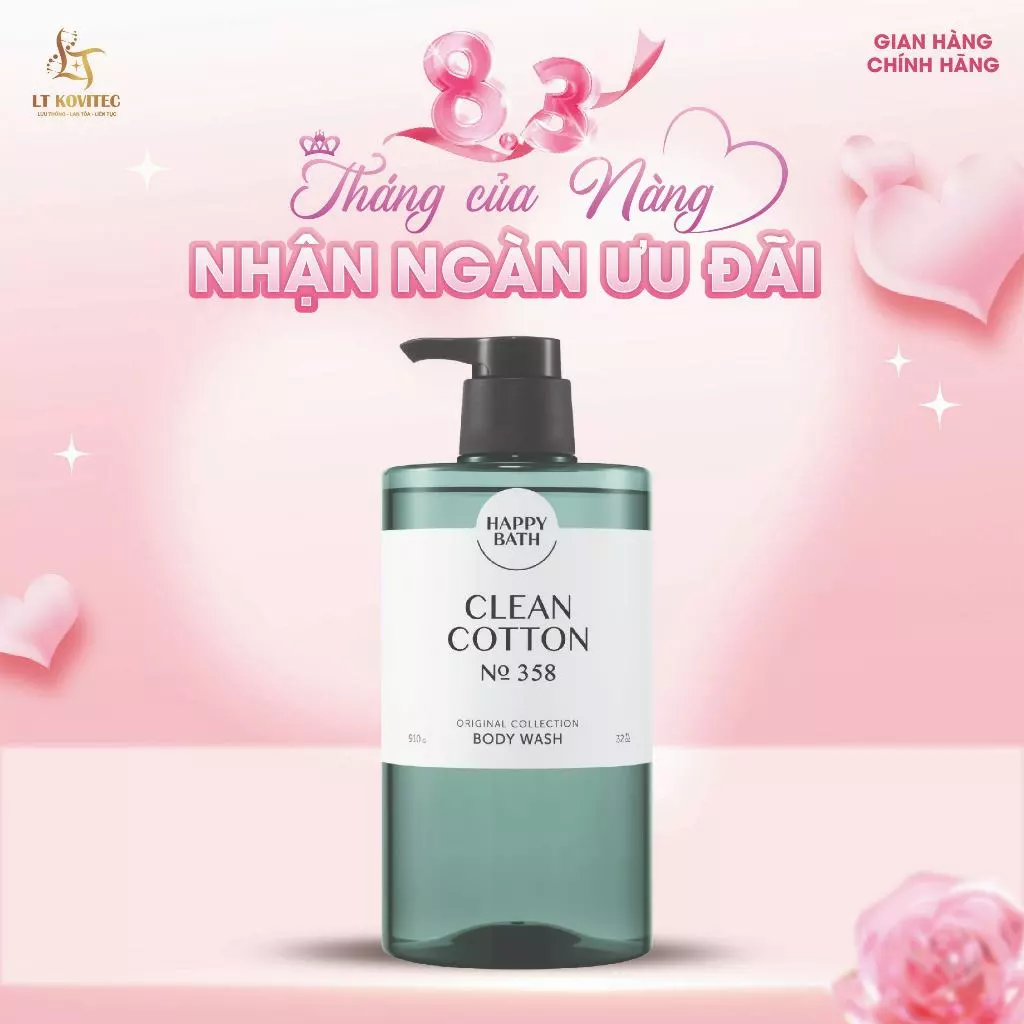 [No.358] Sữa Tắm Happy Bath Clean Cotton Giúp Da Ẩm Mịn Trắng Sáng, Hỗ Trợ Làm Chậm Lão Hóa 910ML