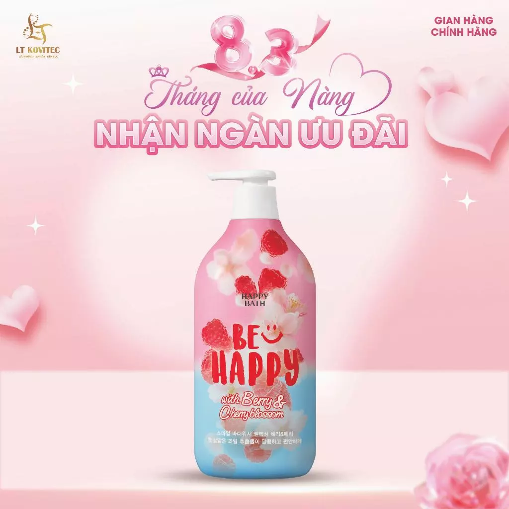 Sữa Tắm Happy Bath Be Happy Lưu Hương Lâu, Hương Dâu Rừng Ngọt Ngào Kết Hợp Hoa Anh Đào Dịu Nhẹ 900g