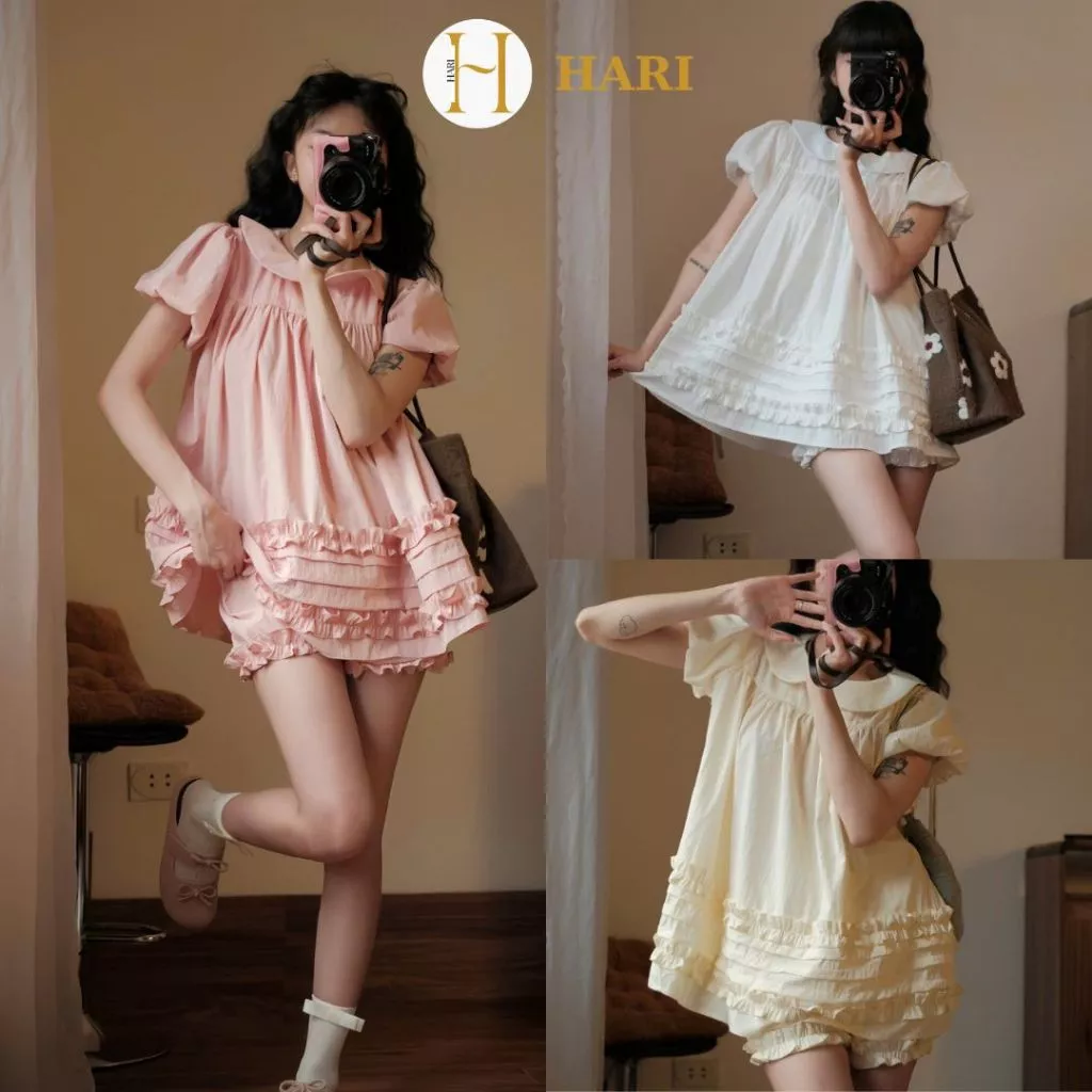 Áo Váy Babydoll Hari Cổ Sen 2 Lớp Form Rộng Gấu Viền Bèo Bo Chun