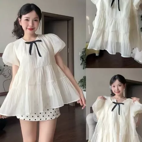 (KÈM NƠ) Set Áo Nữ Kiểu Babydoll Xoè Tay Bồng Chất Liệu Tơ Óng Phong Cách Tiểu Thư