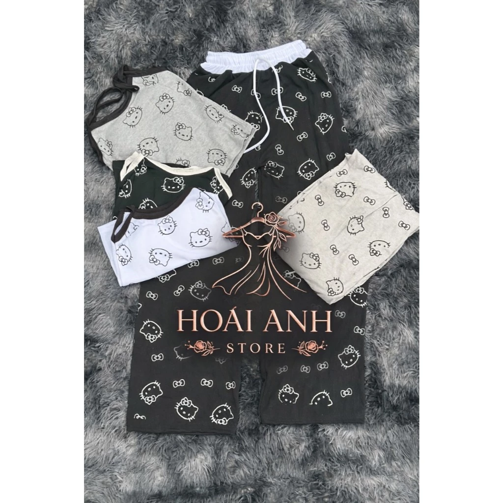 Bộ Áo 2 Dây Thun Tăm In Mèo Kitty Phối Viền Cổ + Quần Dài Cạp Trắng In Mèo Xinh Xắn Dễ Thương