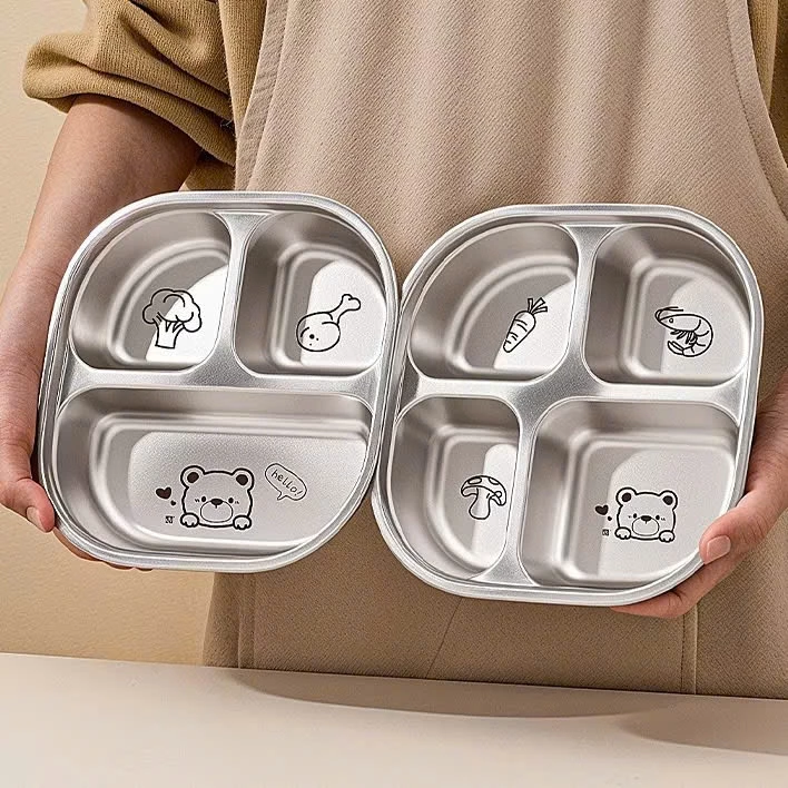 Tặng Kèm Thìa Khay Ăn Dặm 3-4 Ngăn Cho Bé Tập Ăn, Khăn Ăn Dặm Họa Tiết Kapibala Inox 304 Cho Trẻ