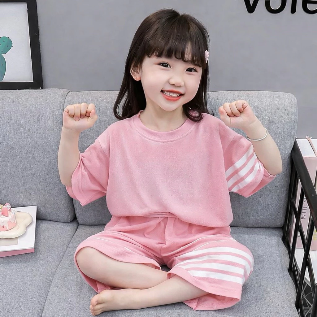 sét quần áo cộc tay bé trai và bé gái tay áo phối sọc chất tổ ong thoáng mát mềm mịn co giãn thấm hút mồ hôi nhanh7-26kg
