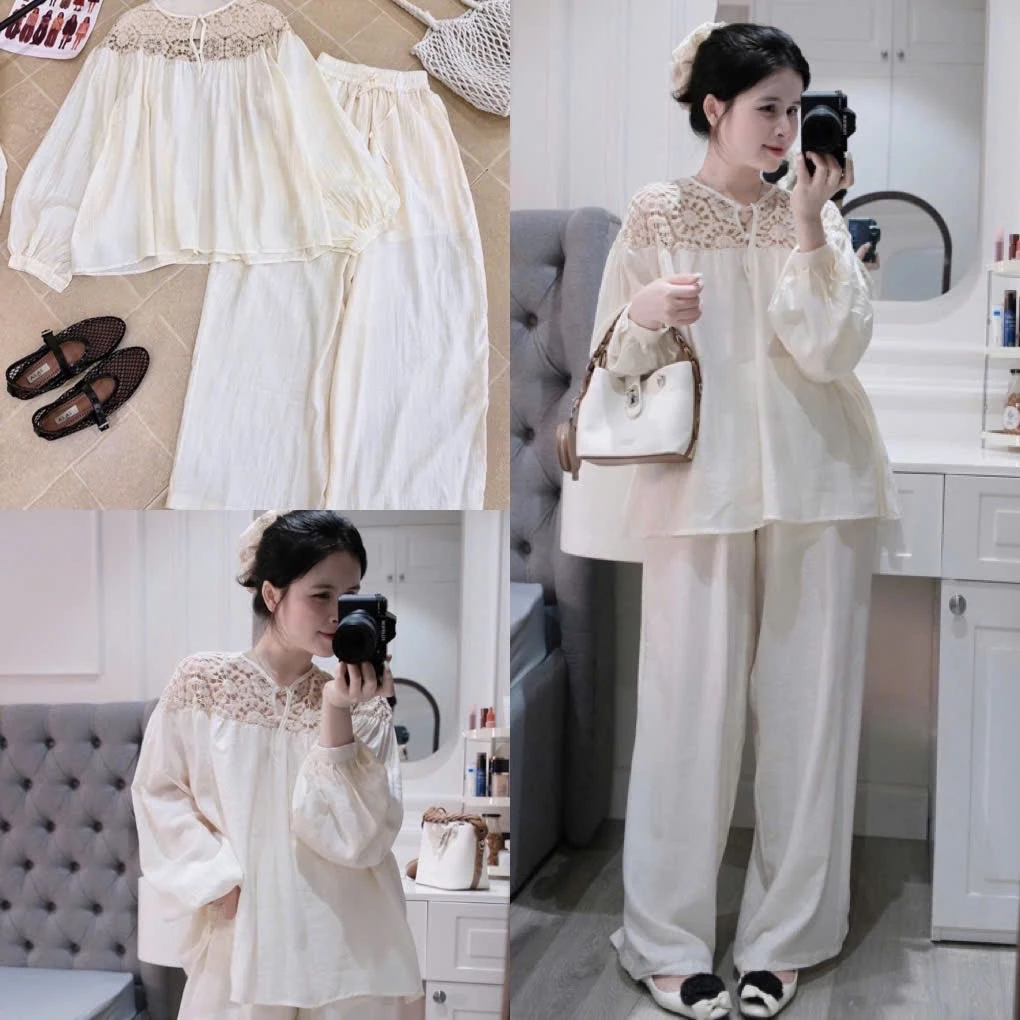Set Bộ Đồ Nữ Thô Đũi Mềm Áo Babydoll Dài Tay Bồng Phối Vai Ren Cài Cúc Mix Quần Suông Dài Ống Rộng