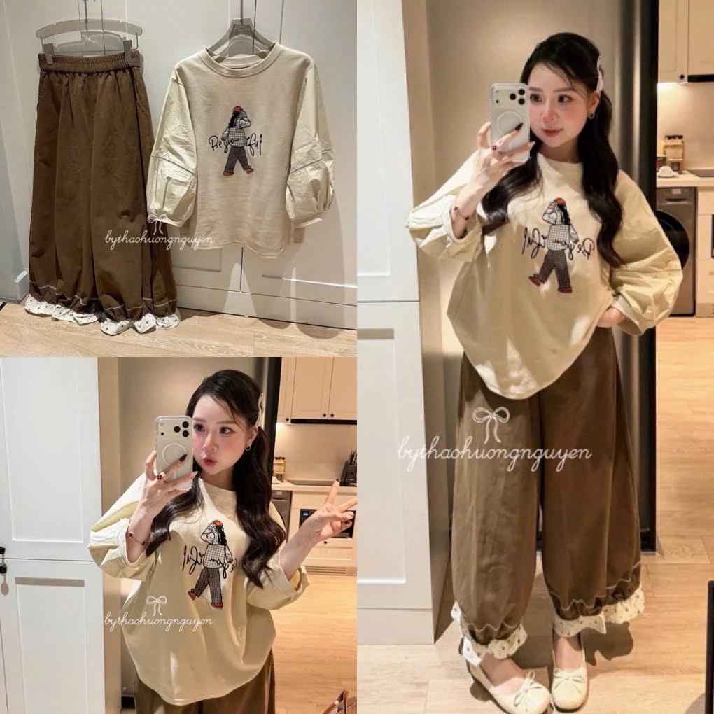 Set Bộ Đồ Nữ Nâu Be Áo In Cô Gái Phối Tay Mix Quần Jogger Ống Rộng Phối Viền Gấu