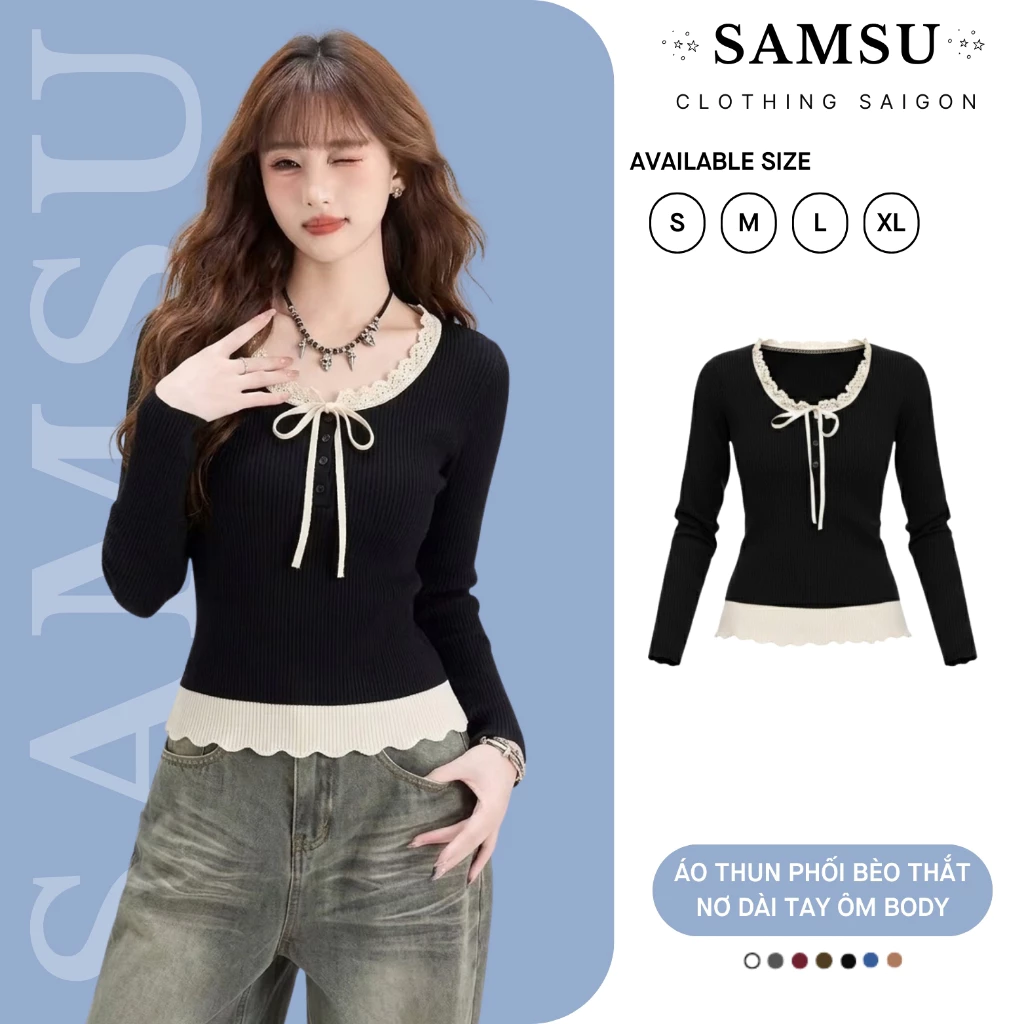 Áo Thun Dài Tay Phối Viền Bèo Buộc Dây Thắt Nơ Xinh Xắn Kiểu Dáng Tiểu Thư Samsu.clothing_saigon