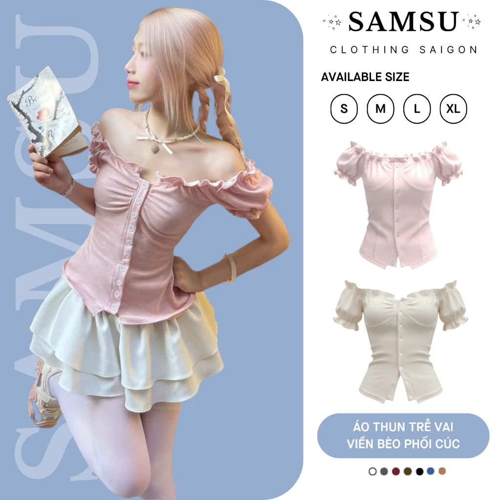 Áo Trễ Vai Kiểu Nữ Tay Bồng Có Dây Thắt Eo Mùa Hè Chất Lông Thỏ Co Dãn Samsu.clothing_saigon