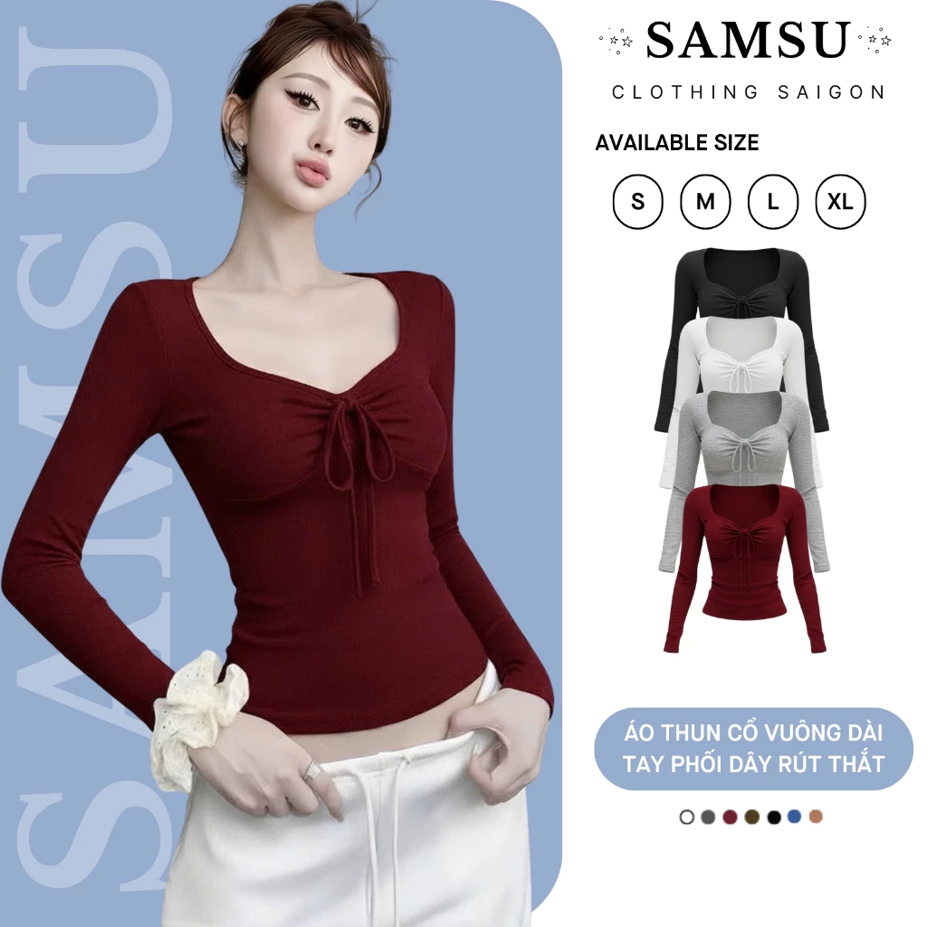 [MỞ BÁN] Áo Thun Dài Tay Rút Ngực Cổ Vuông Ôm Body Nữ, Nhún Ngực Tôn Dáng - Samsu.clothing_saigon