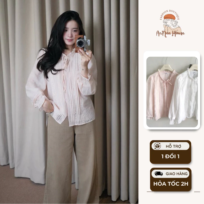 Áo babydoll sơ mi vải tơ mềm 2 lớp chất liệu mềm mại phối tay bo phong cách tiểu thư bánh bèo