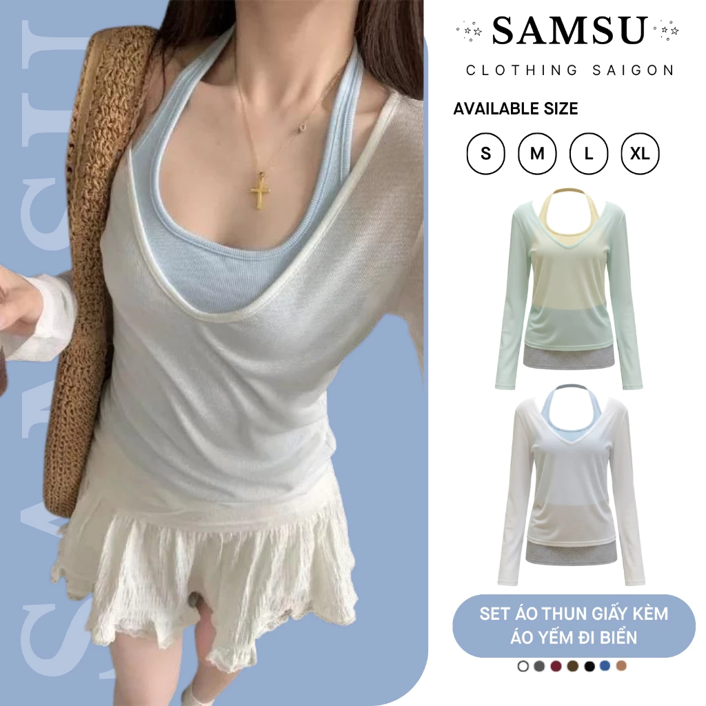 Set Áo Thun Giấy Kèm Áo Yếm Choàng Cổ Phong Cách Hàn Quốc Mặc Đi Biển Samsu.Clothing_Saigon