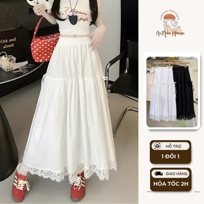 Chân váy xòe dáng dài viền ren phối nơ hai bên phong cách vintage chất liệu cao cấp