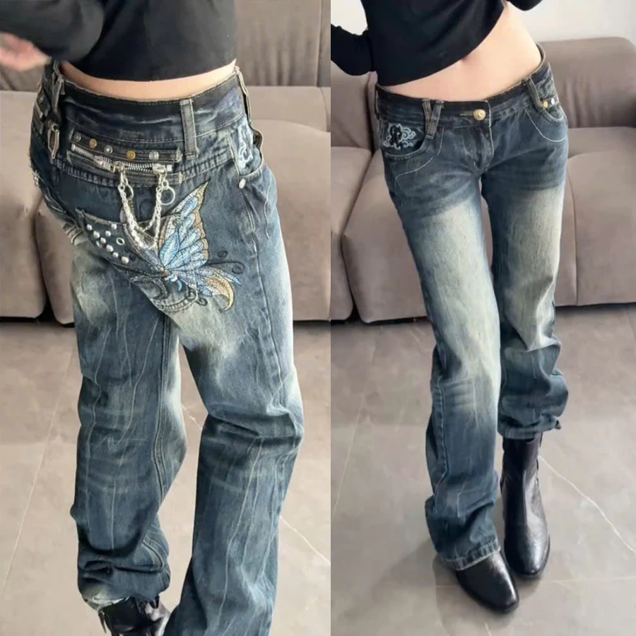 [HOT SALE] Quần jean cạp trễ Butterfly vintage wash kèm dây xích – Y2K unisex