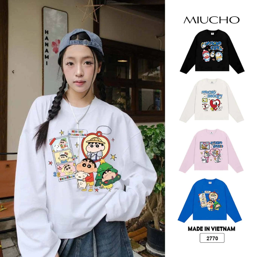 Áo thun boxy tay dài Miucho vải cotton cao cấp co giãn dày dặn thoáng mát BST Noel hoạt hình cute