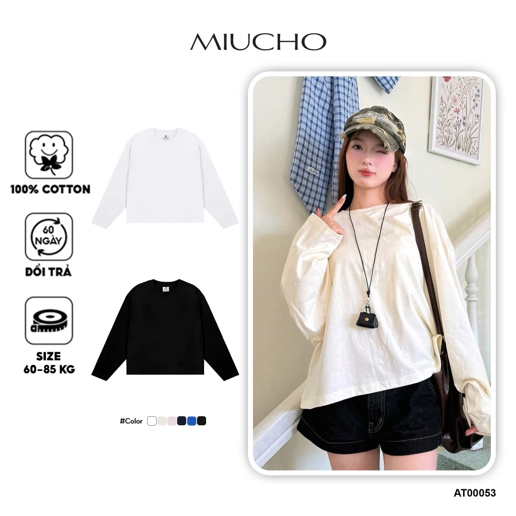 Áo thun nữ tay dài form boxy Miucho cotton 2 chiều thoáng mát trơn kiểu Hàn Quốc local brand AT00053